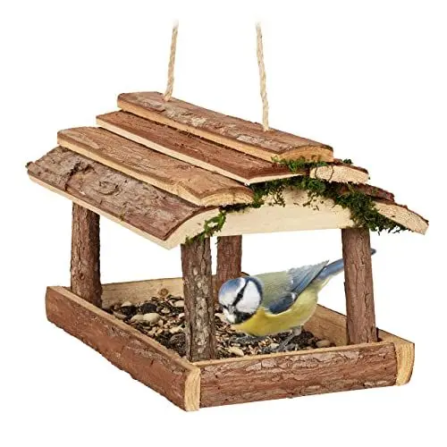 Produktbild: Relaxdays Vogelfutterhaus Holz, mit Rinde und Moos, zum Hängen, HBT: 19x21x23 cm, Futterspender Kleinvögel, Natur