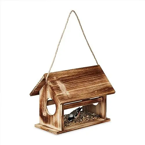 Produktbild: Relaxdays Vogelfutterhaus Holz, zum Aufhängen, Futterspender Wildvögel, Vogelfutterstation, HxBxT 24 x 30 x 21 cm, braun