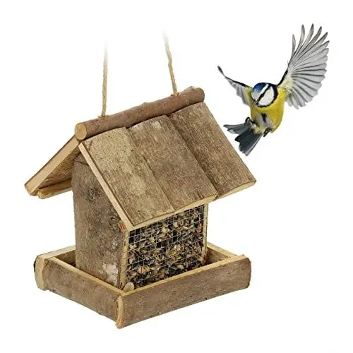 Produktbild: Relaxdays Vogelfutterhaus, Wildvogel Futterstelle zum Aufhängen, HBT 17 x 14,5 x 11,5 cm, Vogelhäuschen aus Holz, Natur
