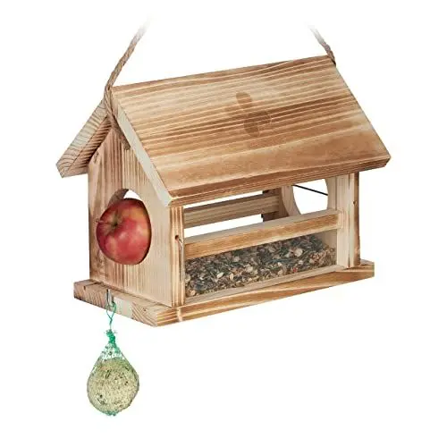 Produktbild: Relaxdays Vogelfutterhaus, geflammtes Design, FSC Zertifikat, HxBxT: 24x31x20 cm, wetterfeste Vogelfutterstation, Natur