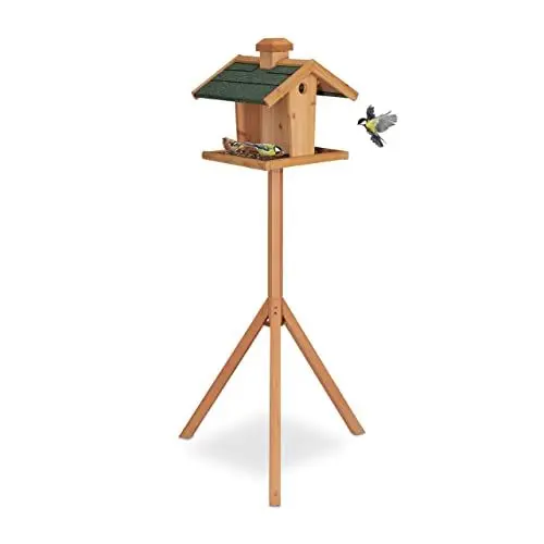 Produktbild: Relaxdays Vogelfutterhaus mit Ständer, Silo, wetterfestes Dach, Garten, Holz Vogelhaus HBT: 137 x 68 x 55 cm, natur/grün