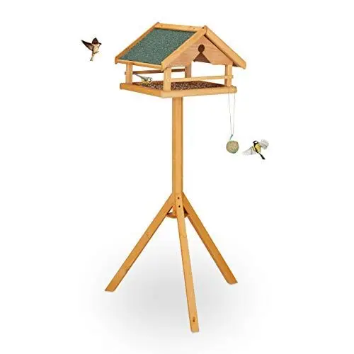Produktbild: Relaxdays Vogelfutterhaus mit Ständer, groß, wetterfestes Dach, Garten, Holz Vogelhaus HBT 120 x 62 x 55 cm, Natur/grün