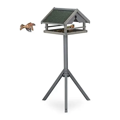 Produktbild: Relaxdays Vogelfutterhaus mit Ständer, wetterfestes Dach, Holz Vogelhaus, HBT: 120x62x55 cm, Futterhaus Wildvögel, grau