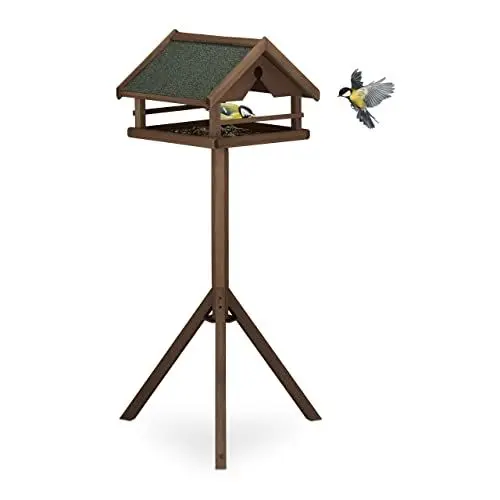 Produktbild: Relaxdays Vogelfutterhaus mit Ständer, wetterfestes Dach, Holz Vogelhaus, HBT: 120x62x55 cm, Futterhaus Wildvögel, braun