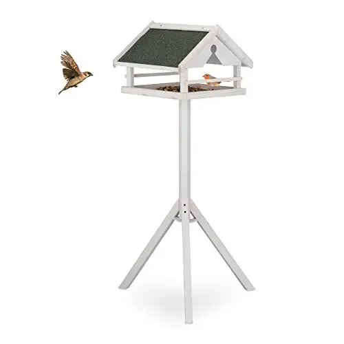 Produktbild: Relaxdays Vogelfutterhaus mit Ständer, wetterfestes Dach, Holz Vogelhaus, HBT: 120x62x55 cm, Futterhaus Wildvögel, weiß