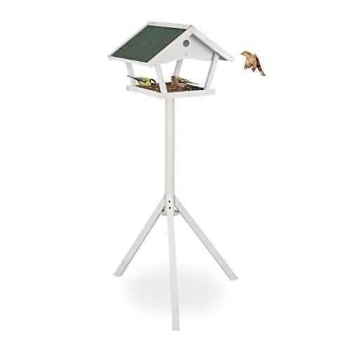 Produktbild: Relaxdays Vogelfutterhaus mit Standfuß, Wildvogel Futterhaus, HBT: 139 x 70 x 60 cm, wetterfestes Dach, Holz, weiß/grün
