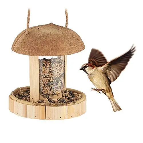 Produktbild: Relaxdays Vogelfutterspender Holz, zum Aufhängen, Vogelhaus für Balkon & Garten, handgefertigt, HxD: 17 x 14,5 cm, Natur