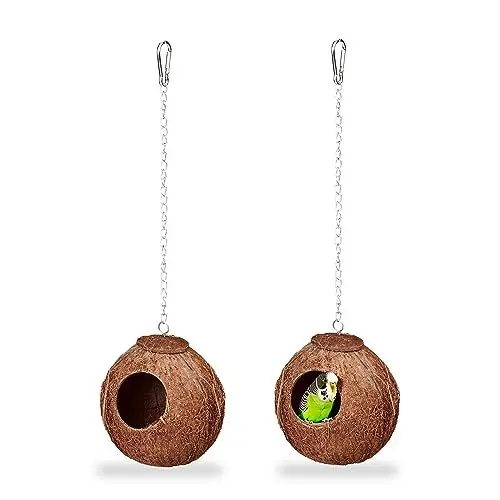 Produktbild: Relaxdays Vogelhaus 2er Set, aus Kokosschale, HxBxT 14 x 12,5 x 12 cm, Vogelnest, Wellensittiche & Kanarienvögel, Natur