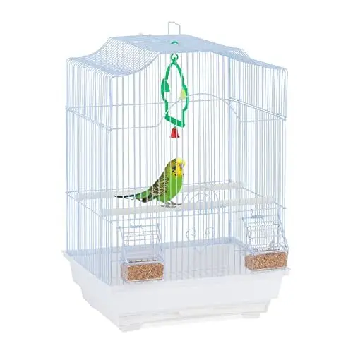 Produktbild: Relaxdays Vogelkäfig mit Zubehör, HxBxT: 49,5 x 35 x 32 cm, Käfig für Wellensittiche & Kanarienvögel, hellblau/weiß