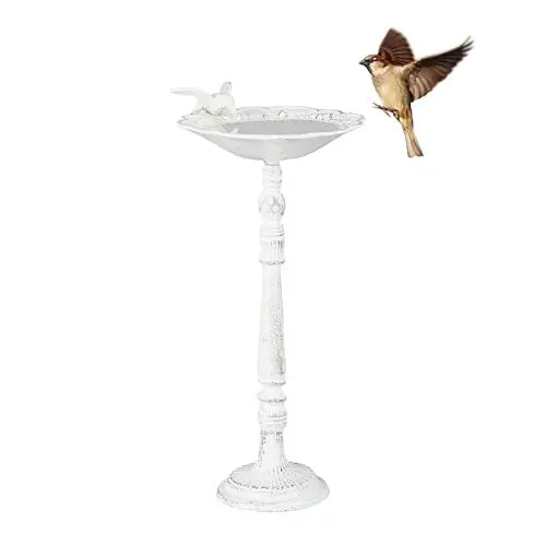 Produktbild: Relaxdays Vogeltränke Gusseisen, Gartendeko antiker Stil, Vogelfutterstelle für Wildvögel, stehend, 40 cm hoch, weiß