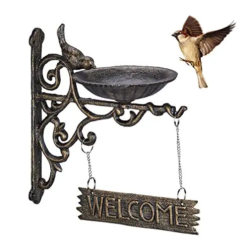 Produktbild: Relaxdays Vogeltränke, Gusseisen, HBT: 26,5 x 14 x 22,5 cm, Vogelbad mit Welcome-Schild, wetterfest, Gartendeko, Bronze