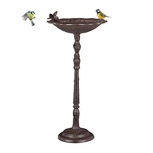 Produktbild: Relaxdays Vogeltränke Gusseisen Vogelbad mit Ständer, Wildvogeltränke für Garten, antikes Design,74,5cm hoch, Braun