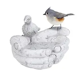 Produktbild: Relaxdays Vogeltränke, helfende Hände, Vogelfutterstelle, Garten, Futterschale für Wildvögel, Deko, Kunstharz, weiß-grau, 1 Stück