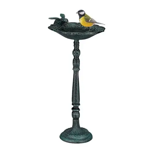 Produktbild: Relaxdays Vogeltränke, stehend, antiker Stil, Gusseisen, Garten & Balkon, Vogelfutterstelle für Wildvögel, grün/schwarz, 1 Stück