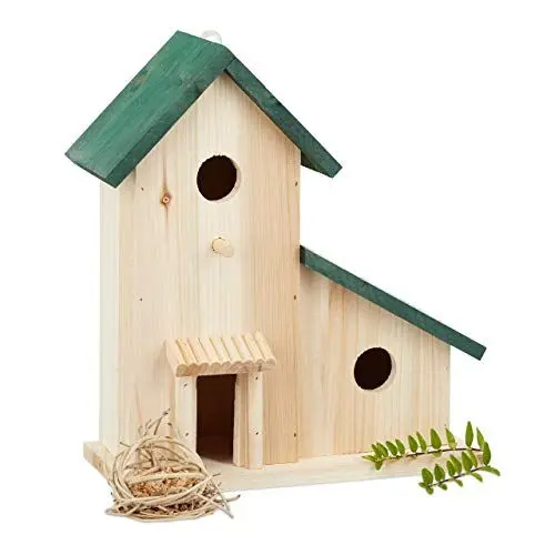 Produktbild: Relaxdays Vogelvilla aus Holz, dekorative Nisthilfe und Futterhaus, Balkon oder Garten, HxBxT: 30,5 x 26 x 12 cm, grün