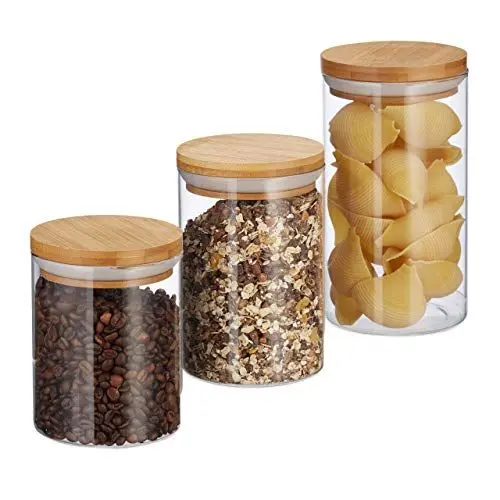 Produktbild: Relaxdays Vorratsdosen Glas, 3er Set, Größen 500, 700, 1000 ml, für Pasta, Reis, Müsli, Kaffee, D 9,5 cm, , natur, 18 x 9.5 x 9.5 cm, Transparent, Hellbraun