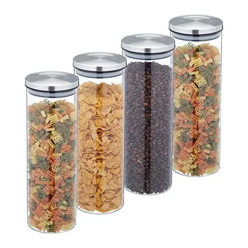 Produktbild: Relaxdays Vorratsgläser 4er Set, 1,6 L, luftdicht, Edelstahldeckel, Vorratsdose für Küche, Nudelglas, transparent/silber, 28 x 9,5 x 9,5 cm