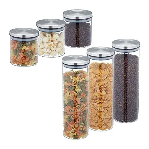 Produktbild: Relaxdays Vorratsgläser, 6er Set, 2 Größen, 500/1600 ml, Edelstahl Deckel, luftdichte Vorratsdosen, transparent-silber