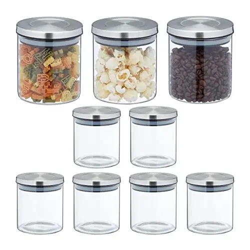 Produktbild: Relaxdays Vorratsgläser, 9er Set, 500 ml Volumen, Edelstahl Deckel, luftdichte Vorratsdosen, Glas, transparent-silber, 10,5 x 10 x 10 cm