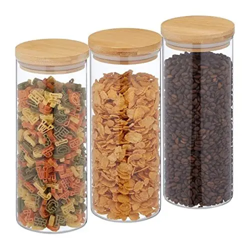 Produktbild: Relaxdays Vorratsgläser mit Bambusdeckel, 3er Set, runde Vorratsdosen aus Glas, 1350 ml, luftdicht, transparent/natur
