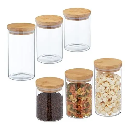 Produktbild: Relaxdays Vorratsgläser mit Bambusdeckel, 6er Set, Vorratsdosen Glas, 650 ml, 800 ml & 1 l, luftdicht, transparent/natur, 18 x 10 cm