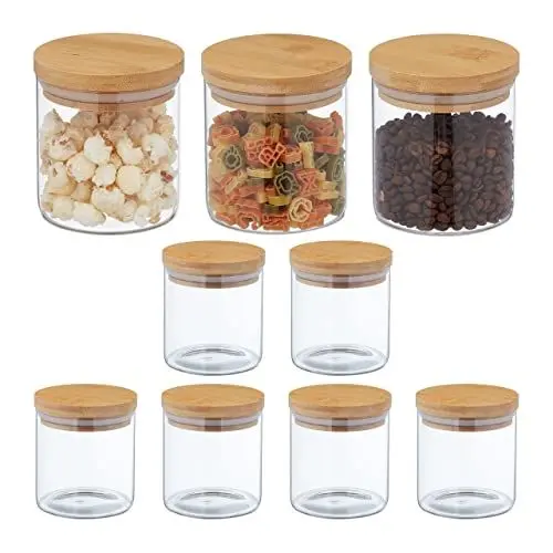 Produktbild: Relaxdays Vorratsgläser mit Bambusdeckel, 9er Set, kleine Vorratsdosen aus Glas, 500 ml, luftdicht, transparent/natur, 10,5 x 10 cm