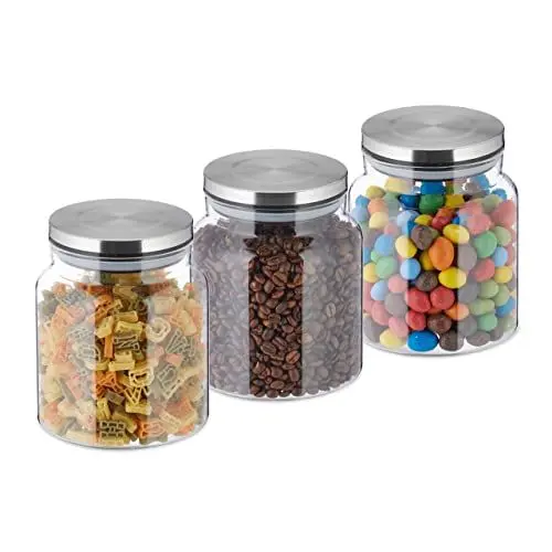 Produktbild: Relaxdays Vorratsgläser mit Deckel, 3er Set, 1100 ml, runde Vorratsdosen, luftdichte Glasbehälter, transparent/silber