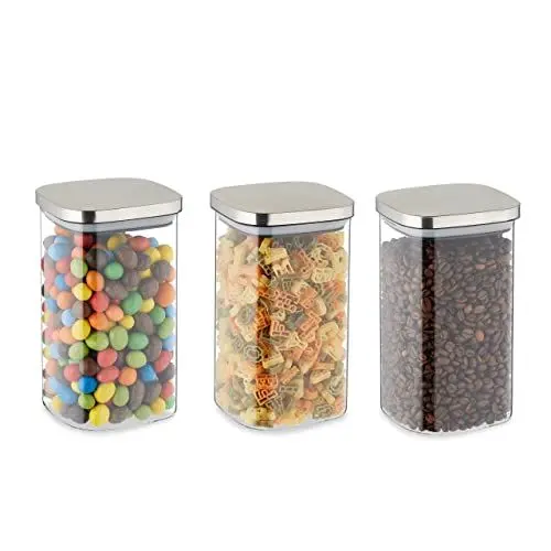Produktbild: Relaxdays Vorratsgläser mit Deckel, 3er Set, 1200 ml, eckige Vorratsdosen, luftdichte Glasbehälter, transparent/silber