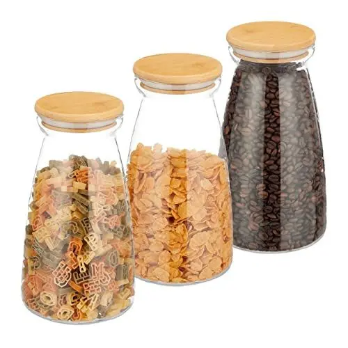 Produktbild: Relaxdays Vorratsgläser mit Deckel, 3er Set, 1400 ml, luftdicht, Lebensmittel-Lagerung, Vorratsdosen, transparent/natur