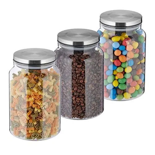 Produktbild: Relaxdays Vorratsgläser mit Deckel, 3er Set, 1500 ml, runde Vorratsdosen, luftdichte Glasbehälter, transparent/silber