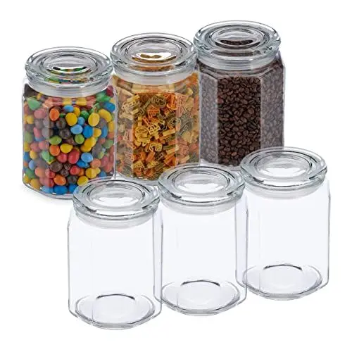Produktbild: Relaxdays Vorratsgläser mit Deckel, 6er Set, Glas, 1,8 l, achteckige Vorratsdosen, luftdichte Glasbehälter, transparent