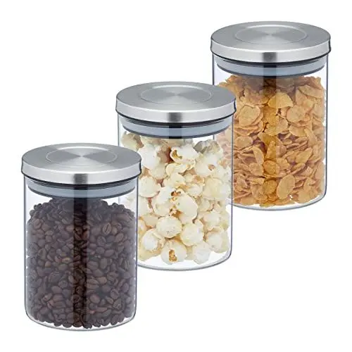 Produktbild: Relaxdays Vorratsgläser mit Edelstahldeckel, 3er Set, runde Vorratsdosen aus Glas, 650 ml, luftdicht, transparent/silber