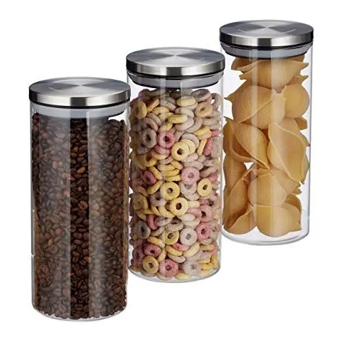 Produktbild: Relaxdays Vorratsglas 3er Set, 1,3 L, luftdicht, Edelstahl Deckel, für Pasta, Müsli & Reis, Küchenbehälter, transparent