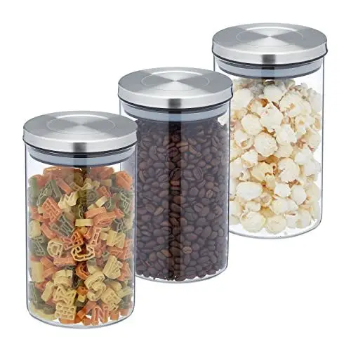 Produktbild: Relaxdays Vorratsglas 3er Set, Volumen 800 ml, Edelstahldeckel, Aufbewahrungsbehälter, Müsli, Nudeln & Reis, transparent
