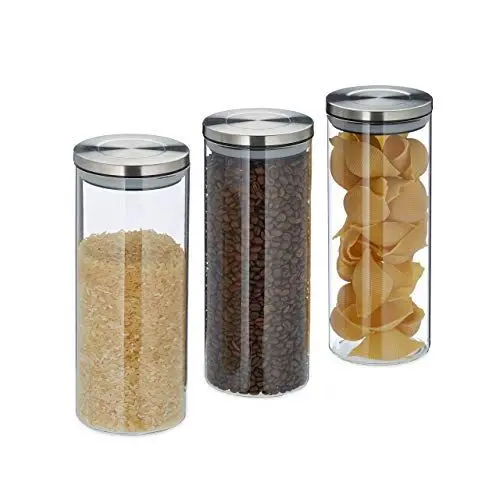 Produktbild: Relaxdays Vorratsglas 3er Set, luftdicht, Edelstahl Deckel, für Pasta, Müsli & Reis, 1,5 l Küchenbehälter, Silbertransparent, 24 x 9.5 x 9.5 cm, Silber Transparent