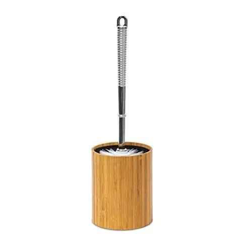 Produktbild: Relaxdays WC-Bürstenhalter Bambus H x B x T 33 x 10,4 x 10,4 cm Toilettenbürste aus Kunststoff in Edelstahl-Optik mit austauschbarem Bürstenkopf Garnitur plus hygienischem Kunststoffbehälter, natur
