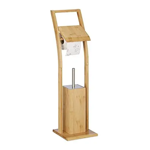Produktbild: Relaxdays WC Garnitur, Bambus, Edelstahl, Klopapierständer mit Toilettenbürste, freistehend, HBT: 74 x 20 x 20 cm, Natur