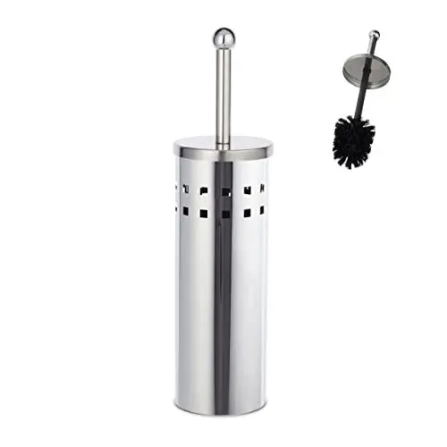 Produktbild: Relaxdays WC Garnitur rund, Toilettenbürstenhalter, wechselbare WC Bürste, freistehend, aus Edelstahl, silber/schwarz, 1 Stück