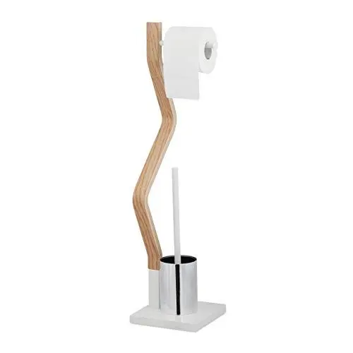 Produktbild: Relaxdays WC Garnitur stehend, Holz und Stahl, Toilettenpapierhalter mit Bürste, HBT 75 x 18,5 x 18,5 cm, weiß/natur
