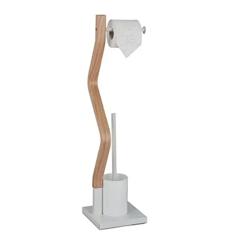 Produktbild: Relaxdays WC Garnitur, stehender Toilettenpapierhalter, Toilettenbürste mit Bürstenhalter, 75x18,5x18,5cm, weiß/Natur