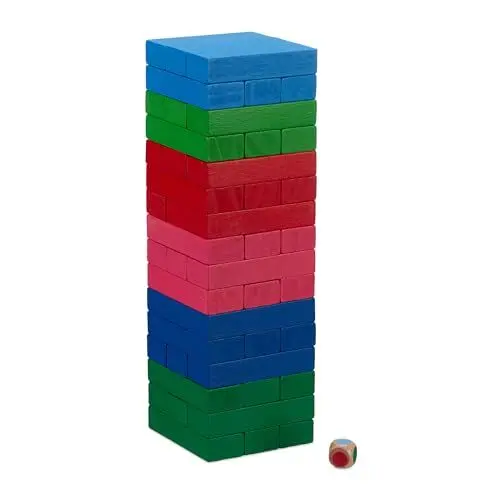 Produktbild: Relaxdays Wackelturm, 48 Holzklötze mit Würfel, HBT 24,5x7,5x7,5 cm, Holzturm Spiel Kinder, Geschicklichkeitsspiel, bunt