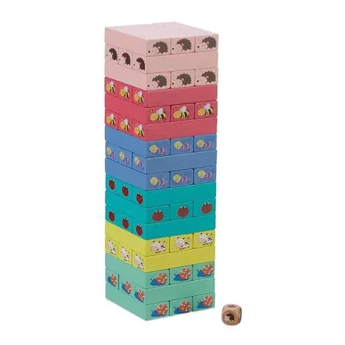 Produktbild: Relaxdays Wackelturm, 51 Holzklötze mit Würfel, HBT: 26x7,5x7,5 cm, Holzturm Spiel, Tiere, Geschicklichkeitsspiel, bunt