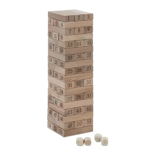 Produktbild: Relaxdays Wackelturm, Holzturm Spiel, 54 Holzklötze, Zahlen & Würfel, Geschicklichkeitsspiel, HBT 26,5x7,5x7,5 cm, Natur