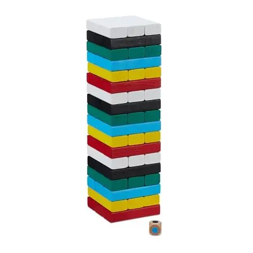 Produktbild: Relaxdays Wackelturm, Holzturm Spiel farbig, 54 Holzklötze mit Würfel, Geschicklichkeitsspiel, HBT 26,5x7,5x7,5 cm, bunt
