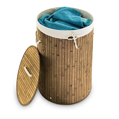 Produktbild: Relaxdays Wäschekorb Bambus, faltbare Wäschetonne mit Deckel, Volumen 70 l, Wäschesack Baumwolle, rund Ø 41 cm, natur
