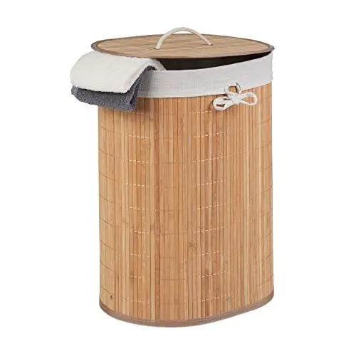 Produktbild: Relaxdays Wäschekorb Bambus, oval, 46 l, faltbar, Wäschesammler mit Deckel, Bad & Schlafzimmer, HBT: 55x42x32cm, Natur