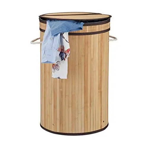 Produktbild: Relaxdays Wäschekorb Bambus, runder Wäschesammler mit Klappdeckel, 65 l, faltbare Wäschetonne, rund Ø 40 cm, natur