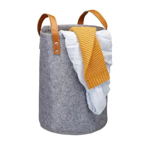 Produktbild: Relaxdays Wäschekorb Filz, Tragegriffe aus PU-Leder, 28 l Aufbewahrungskorb Kinderzimmer, Bad, HxD 45 x 30 cm, anthrazit, 1 Stück