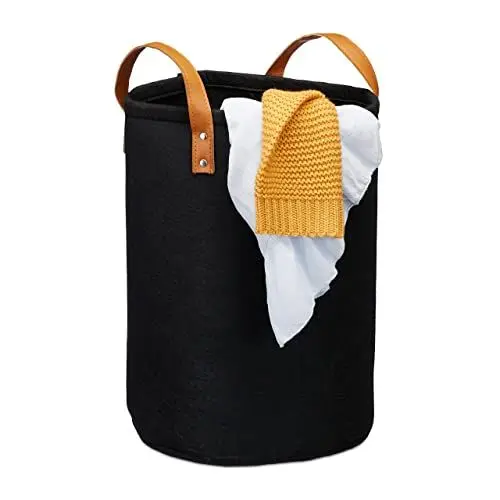 Produktbild: Relaxdays Wäschekorb Filz, Tragegriffe aus PU-Leder, 28 l Aufbewahrungskorb Kinderzimmer, Bad, HxD 45 x 30 cm, schwarz