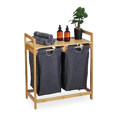 Produktbild: Relaxdays Wäschekorb Regal, Bambus, ausziehbar, HBT: 73 x 64 x 33 cm, 2 Fächer & 1 Ablage, Wäschesammler Bad, natur/grau